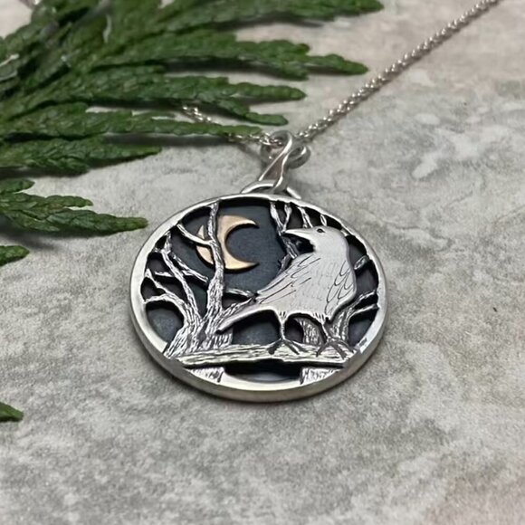 Large Raven with Crescent Moon Pendant and Necklace #1402 - Picture 4 of 6